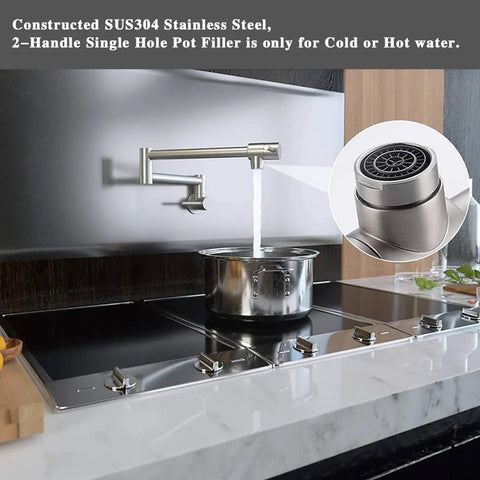 Stainless Pot Filler Faucet Wall Mount With Stretchable Double Joint Swing Arm Single Hole 2 Handle Brushed Finish