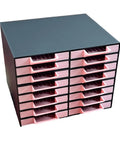 All-In-One 16-Drawer Diamond Art Tray Organizer Rack For Diamond Painting Supplies, black plastic with pink drawers.