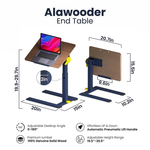 Rolling End Table From 100 Percent Solid Wood With Height Adjustable 19.8 To 29.7 Inches, A C Table That Slides Under Sofa features graphic with dimensions and features.