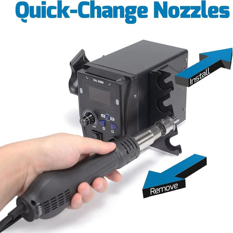 Portable Pro Grade Hot Air Rework Station For Mobile Phone Repair With Digital LED Display BGA SMD Soldering Tool shown with nozzles