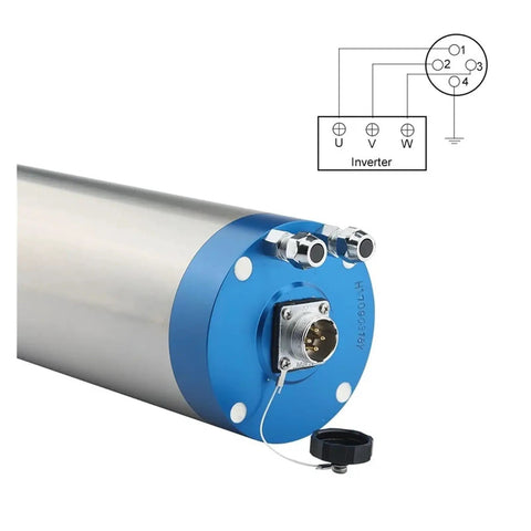 Heavy Duty CNC Spindle Motor With ER20 Collet And Four Precision Bearings Delivering Kickass Torque For Engraving Milling And Drilling With Advanced Liquid Cooling end view showcasing electrical connections.