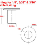 Technical drawing of Black Stainless Steel Protector Sleeves For One Eighth Inch Five Thirty Seconds Inch Or Three Sixteenths Inch Deck Cable Railing On Wood Or Composite Posts T316 Marine Grade Outdoor And Indoor Cable Guard Sleeves Rugged All Weather Durable with dimensions labeled.
