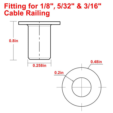 Top Shelf T316 Marine Grade Stainless Steel Protector Sleeves diagram showing sizes for 1/8, 5/32, 3/16 cable railing fittings.
