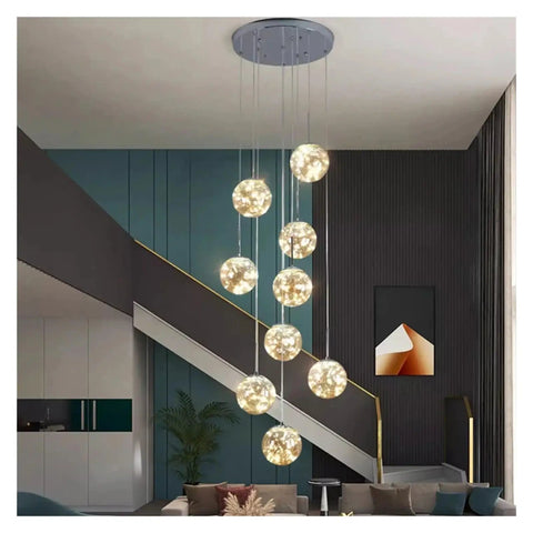 Modern Stair Chandelier Pendant Lights Indoor Lighting Ceiling Lamp for Living Room Indoor Lighting with cascading glass spheres.