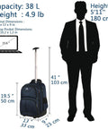 Front view: Blue MATEIN rolling backpack with wheels and retractable handle; 38 L capacity, fits 17-inch laptop