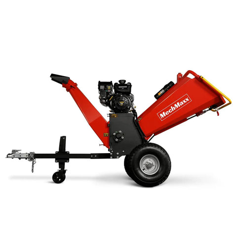 Alt Tag: Beast Power 6 Inch Wood Chipper Shredder Mulcher Powered By Briggs Stratton 408cc 14hp Gas Engine Tow Bar 6 Inch Maximum Chipping Diameter Emergency Stop Button And Stop Bar Model P4206 Red side view