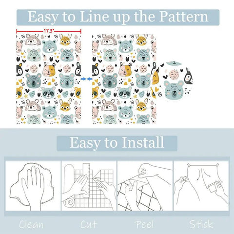 Slick Pastel Woodland Peel And Stick Wallpaper With Cute Animal Head Prints showing installation steps and pattern alignment.