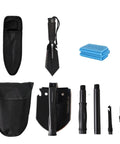 Go To Folding Camping Shovel Multi Tool With High Carbon Steel Build Pickaxe Hammer Hoe Bottle Opener Ruler in disassembled view