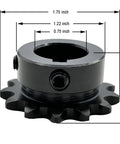 ANSI 35 Roller Chain Sprocket Type B 3/4 Bore 13 Teeth For ANSI 35 Chain Hardened 1045 Carbon Steel Drive Sprocket With 3/16 X 3/32 Keyway And Two Setscrews At 90 Degrees Type B High Frequency Quenched To HRC 38 To 42, black sprocket with bore and dimensions