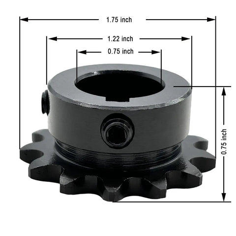 ANSI 35 Roller Chain Sprocket Type B 3/4 Bore 13 Teeth For ANSI 35 Chain Hardened 1045 Carbon Steel Drive Sprocket With 3/16 X 3/32 Keyway And Two Setscrews At 90 Degrees Type B High Frequency Quenched To HRC 38 To 42, black sprocket with bore and dimensions