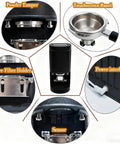 58 Millimeter Electric Coffee Tamper Delivers Calibrated Pressure Control And Non Stick Surface For No Sweat Operation And Smooth Pulls Every Time You Fire Up The Machine image showing touchscreen panel, sensor, coffee filter holder, and powder tamper.