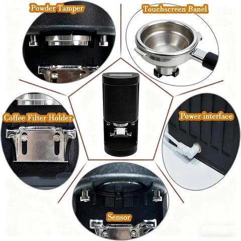 58 Millimeter Electric Coffee Tamper Delivers Calibrated Pressure Control And Non Stick Surface For No Sweat Operation And Smooth Pulls Every Time You Fire Up The Machine image showing touchscreen panel, sensor, coffee filter holder, and powder tamper.