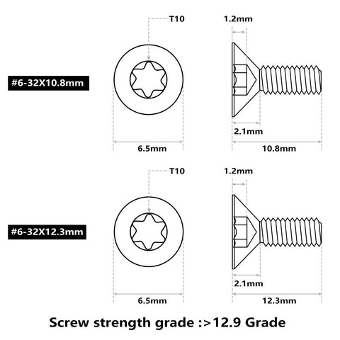 Diagram of 60 Pcs 6 32 Flat Head Screws Kit For Red Dot Sights, Tough Alloy Steel Hardened Grade 12.9 Black Finish with dimensions.