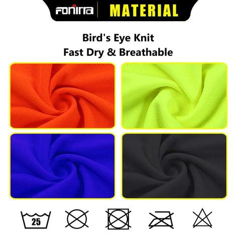 High Visibility Long Sleeve Work Shirt material samples in orange, yellow, blue, black Bird's Eye Knit pattern.