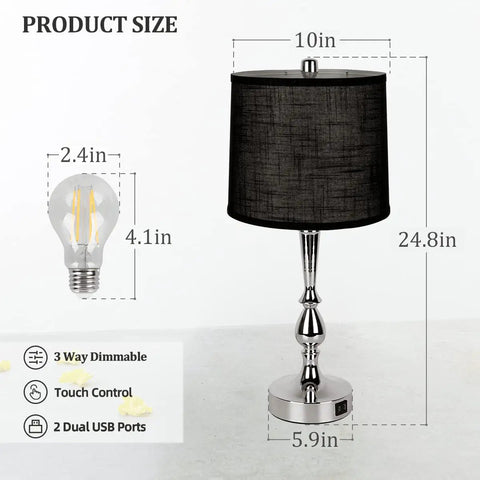 Must Have Modern Bedside Lamps Set Of 2 24.8 Inch Tall With Dual USB Ports 3 Way Touch Dimming Nightstand Lamps Size Specifications