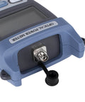 Close-up of handheld optical power meter with SC FC connector for fiber optic testing, cable tester, -70 to +10 dBm range.