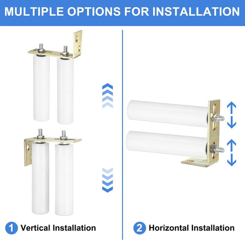 Slide Gate Guide Roller Kit With 8 Inch Nylon Rollers And L Shaped Rear Post Bracket Universal Sealed Ball Bearing Gate Guider For Sliding Doors White Fits 2 3 8 Inch Gate Width, showing vertical and horizontal installation options.
