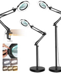 10X Real Glass Magnifying Glass With Light And Stand showing adjustable swing arm, clamp, LED 5 color modes, black floor and desk setup