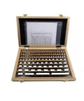 Dead On 112 Piece Ceramic Rectangular Gauge Block Set Grade 1 Pro Shop Calibration Tools in open wooden case with measurement sheet.