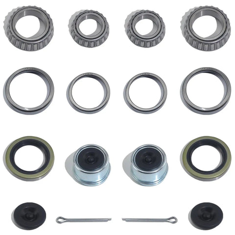 Two Sets 3500 Lb Trailer Axle Bearing Kit For One And One Sixteenth To One And Three Eighths Inch Spindles Includes L68149 And L44649 Bearings And Races 171255TB Grease Seals 1.98 Inch Dust Covers Rubber Plugs And Cotter Pins For Number 84 Spindle