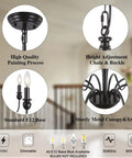 Close-up of black farmhouse chandelier with 8 candle style lights, showing details of canopy, chain, E12 base, and metal arms.