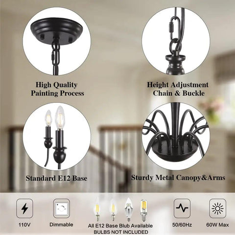 Close-up of black farmhouse chandelier with 8 candle style lights, showing details of canopy, chain, E12 base, and metal arms.