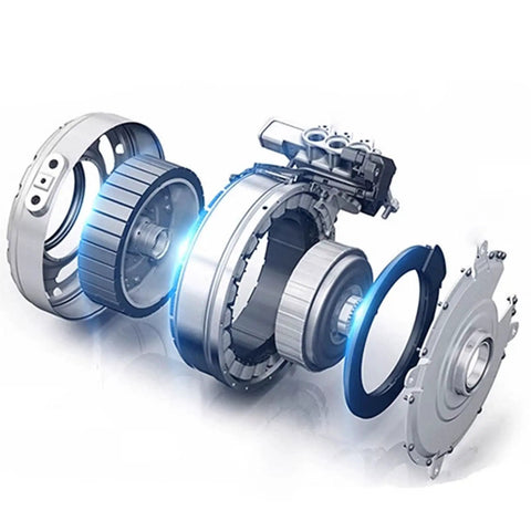 Exploded view of heavy duty electric lift cart motor components with silver casing and blue accents for accessory replacement.