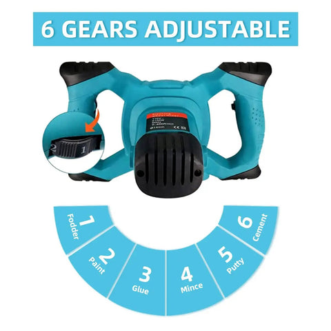 Powerful 2100W Portable Concrete Mixer With Six Speed Settings showcasing adjustable gears for mortar and paint mixing.