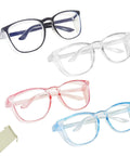 4 Pack Safety Glasses Anti Fog Clear Goggles With Side Shields in black, clear, pink, blue colors and protective pouch shown