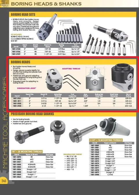 Catalog page showing Two Inch Boring Head With 1 1/2 Inch 18 Thread Pro Grade Build and related accessories, diagrams, and specifications.