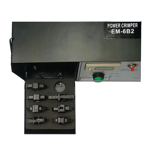Heavy Duty Electrical Terminal Crimping Machine With Seven Quick Change Dies and Slick Wire Pliers, showing control panel and dies.