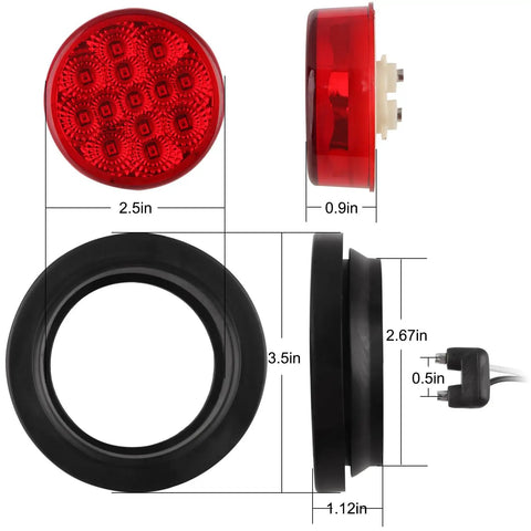 2.5 Inch Round Red LED Marker Lights With 13 LEDs And Multi Faceted Reflectors, side and front view with dimensions