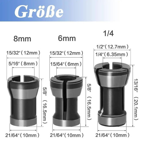 Diagram showing dimensions of Three Piece Collet Adapters Set 6mm 6.35mm 8mm For Straight Grinders Replacement Collet Chuck Kit.