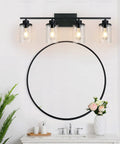 Dope Four Light Matte Black Vanity Lights Over Mirror Farmhouse Style Wall Sconces With Clear Glass Shades for bathroom decor