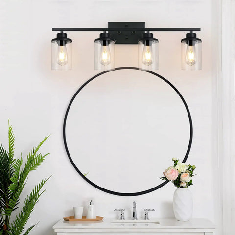 Dope Four Light Matte Black Vanity Lights Over Mirror Farmhouse Style Wall Sconces With Clear Glass Shades for bathroom decor