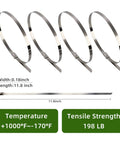 Built Tough Heavy Duty Stainless Steel Zip Ties 11.8 Inch By 0.18 Inch 304 Stainless Cable Ties shown with dimensions and tensile strength info