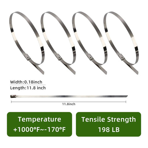 Built Tough Heavy Duty Stainless Steel Zip Ties 11.8 Inch By 0.18 Inch 304 Stainless Cable Ties shown with dimensions and tensile strength info