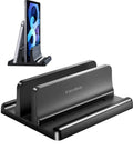 Desk Friendly Vertical Laptop Stand Dock 3 In 1 Holder For Laptop And Phone Or Tablet, adjustable black stand for MacBook, Dell, HP.
