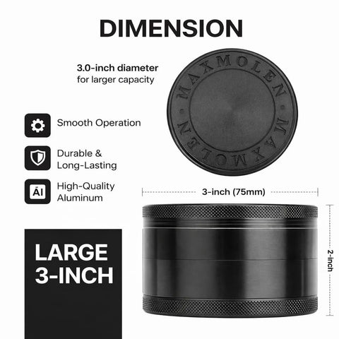 Spice grinder, front view: black aluminum 3-inch with knurled lid and dual grind plates.