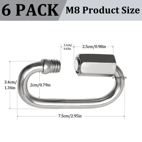 Stainless Steel Quick Links Set For Versatile Use 304 Stainless Chain Links Heavy Duty Quick Links 5/16 Inch Pack of 6 M8 product size