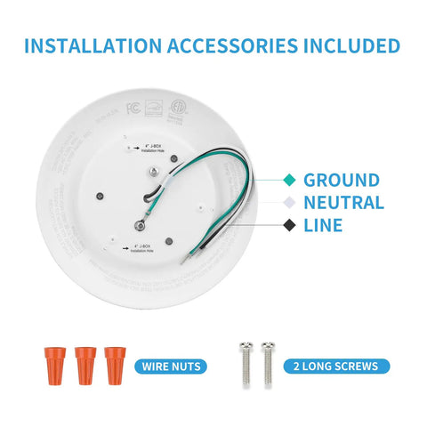 Installation accessories for 4 Inch LED Disk Light Dimmable Flush Mount Ceiling Light 10.5W, including wire nuts and screws.