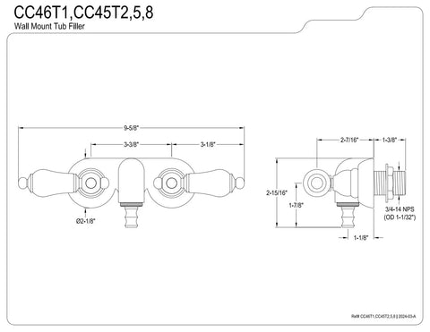 Vintage Wall Mount Tub Faucet In Polished Chrome With Solid Brass Construction Ceramic Disc Valves technical drawing