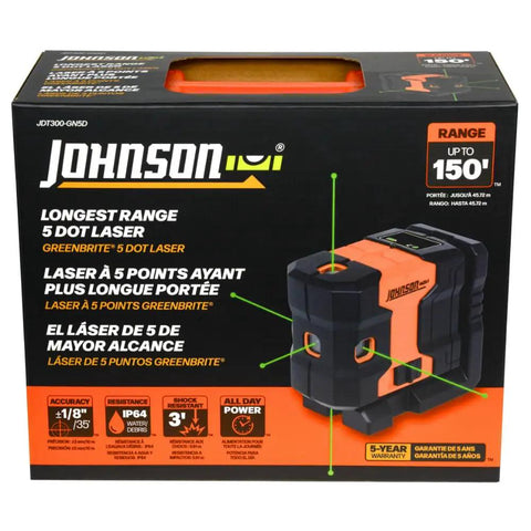 Box displaying Green Laser Level Kit With Self Leveling 5 Dot GreenBrite Technology Magnetic Base Hard Shell Carry Case
