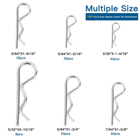 Premium Cotter Pin Kit With 150 Piece Hairpin R Clips Set In 6 Sizes Zinc Plated Spring Steel Retaining Pins