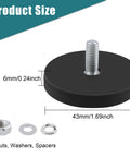 Front view of round black rubber-coated bolt-on magnet with M6 stud; 43mm dia, 6mm thick; includes nuts and washers.