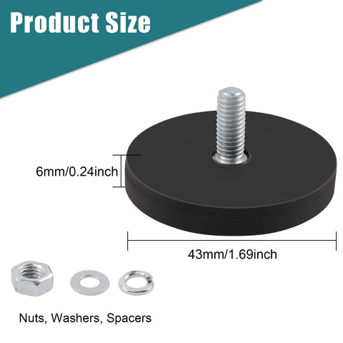 Front view of round black rubber-coated bolt-on magnet with M6 stud; 43mm dia, 6mm thick; includes nuts and washers.
