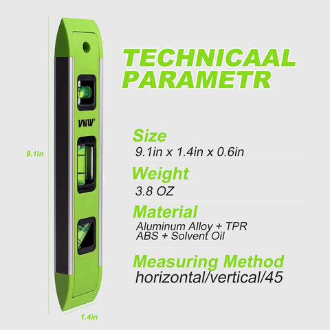 Heavy Duty Nine Inch Torpedo Level With Mighty Magnet Strip And Triple Clear Vials Delivering Spot On 45 90 180 Degree Reads Shock Resistant Tool built for weekend warriors. 9.1 x 1.4 inches, aluminum alloy.