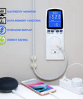 Power Meter Plug For Home Energy Monitoring With Backlit Display Tracks Watts Kilowatt Hours Volts Amps Hertz Power Factor Cost And Time Min Max Power 7 Display Modes Overload Protection wall outlet monitor with blue screen