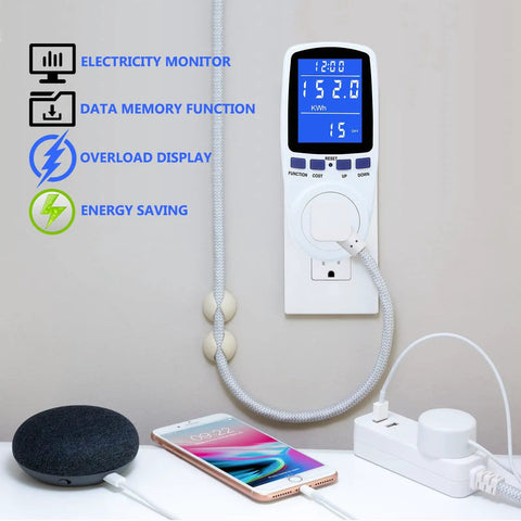 Power Meter Plug For Home Energy Monitoring With Backlit Display Tracks Watts Kilowatt Hours Volts Amps Hertz Power Factor Cost And Time Min Max Power 7 Display Modes Overload Protection wall outlet monitor with blue screen