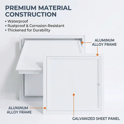 Solid Galvanized Steel Crawl Space Access Panel With No Fuss Thumb Screw For Quick Pvc And Wiring Drywall Hatch Covers clean white construction details.